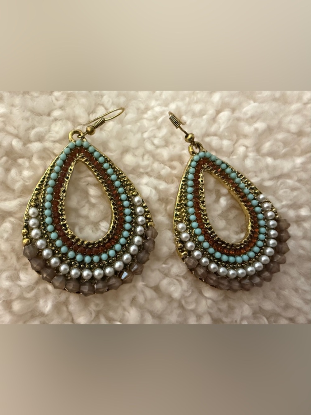 Gold Teardrop Earrings with Turquoise and Pearl Beading